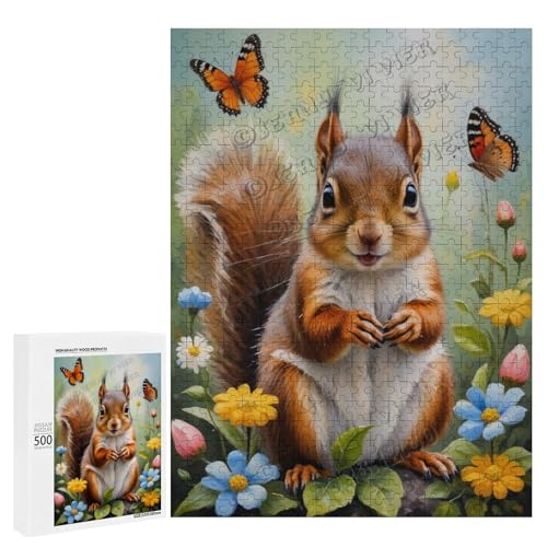 Baby-Eichhörnchen mit Blume, Ölgemälde, 500-teiliges Puzzle für Erwachsene, Puzzle für Genuss, Holz, personalisierbar von NANVIER