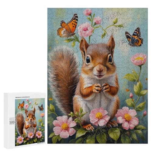 Baby-Eichhörnchen mit Blume, Ölgemälde, 500-teiliges Puzzle für Erwachsene, eine lustige und entspannende Art, Ihre Liebe zu Eichhörnchen, Holz zu feiern, personalisierbar von NANVIER