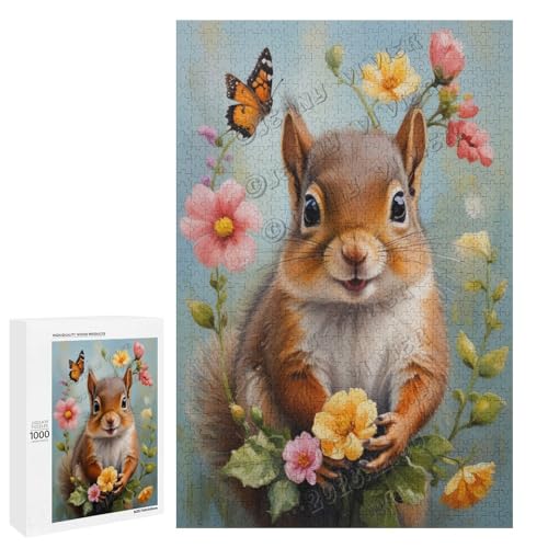 Baby-Eichhörnchen mit Blumen-Ölgemälde, 1000 Teile Puzzles für Erwachsene, Puzzle für Eichhörnchen-Liebhaber zum Genießen und Entspannen, Geschenk für Weihnachten, Holz, personalisierbar von NANVIER