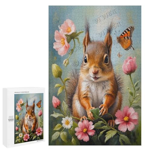 Baby-Eichhörnchen mit Blumen-Ölgemälde, 1000-teiliges Puzzle, angenehm für Erwachsene und Eichhörnchen-Liebhaber, Holz, personalisierbar von NANVIER