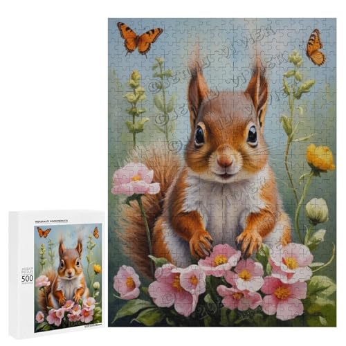 NANVIER Baby-Eichhörnchen mit Blumen-Ölgemälde, 500-teiliges Eichhörnchen-Puzzle für Erwachsene, lustiges und herausforderndes Puzzle-Erlebnis, Holz, personalisierbar von NANVIER