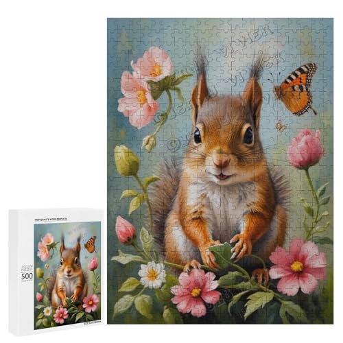 Baby-Eichhörnchen mit Blumen-Ölgemälde, 500-teiliges Puzzle, angenehm für Erwachsene und Eichhörnchen-Liebhaber, Holz, personalisierbar von NANVIER