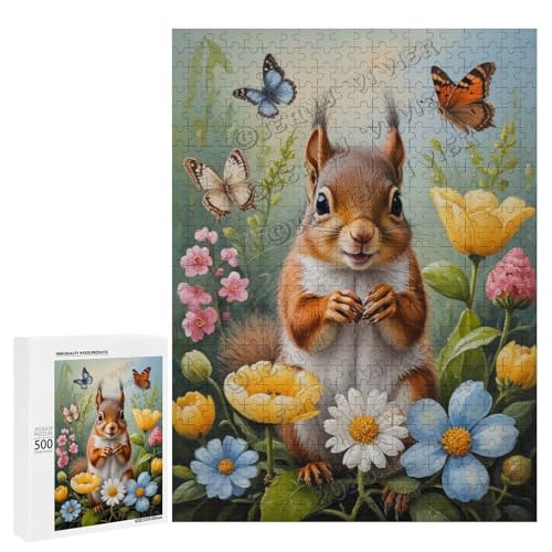 Baby-Eichhörnchen mit Blumen-Ölgemälde, 500-teiliges Puzzle für Erwachsene, perfekt für Entspannung und Genuss, Holz, personalisierbar von NANVIER