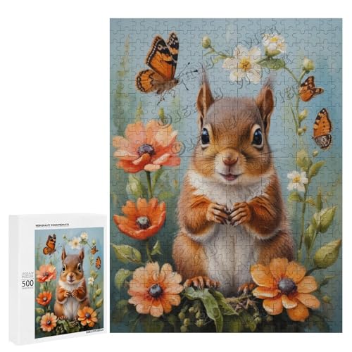 Baby-Eichhörnchen mit Blumen-Ölgemälde, 500-teiliges Puzzle für Erwachsene, perfekt für Entspannung und Genuss, Holz, personalisierbar von NANVIER