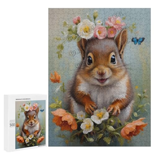 Baby-Eichhörnchen mit Blumen-Ölgemälde, Themen-Abenteuer, 500-teiliges Puzzle, ansprechendes Puzzle für Erwachsene, ideal für gemütliche Nächte im Holz, personalisierbar von NANVIER