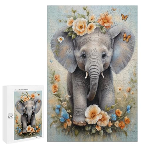 Baby-Elefant mit Blume, Ölgemälde, 1000 Stück, Puzzle für Erwachsene, Puzzle für Elefantenliebhaber zum Genießen und Entspannen, Geschenk für Weihnachten, Holz, personalisierbar von NANVIER