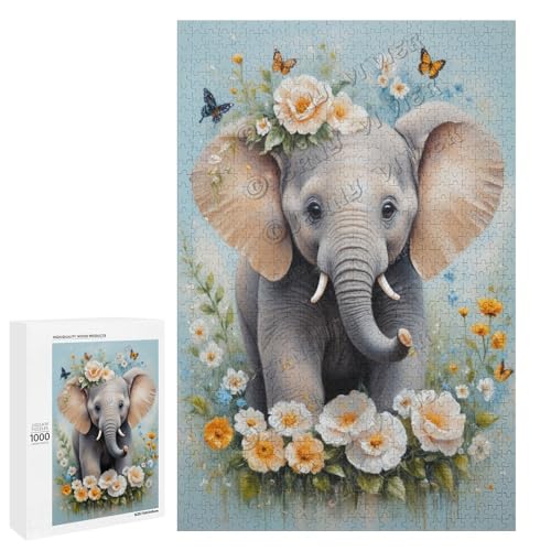 Baby-Elefant mit Blume, Ölgemälde, 1000-teiliges Elefanten-Puzzle für Erwachsene, lustiges und herausforderndes Puzzle-Erlebnis, Holz, personalisierbar von NANVIER