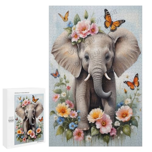 Baby-Elefant mit Blume, Ölgemälde, 1000-teiliges Puzzle für Erwachsene, Puzzle für Genuss, Holz, personalisierbar von NANVIER