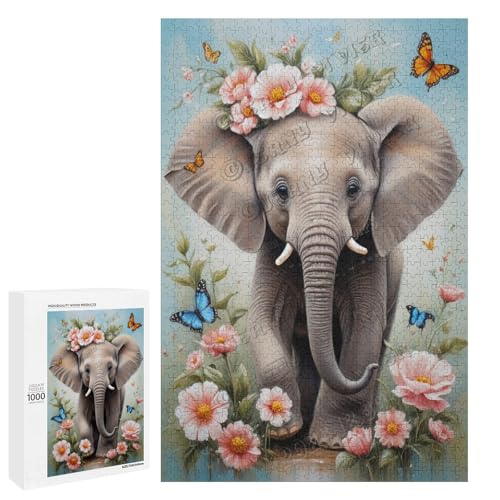 Baby-Elefant mit Blume, Ölgemälde, 1000-teiliges Puzzle für Erwachsene, perfekt für Entspannung und Genuss, Holz, personalisierbar von NANVIER