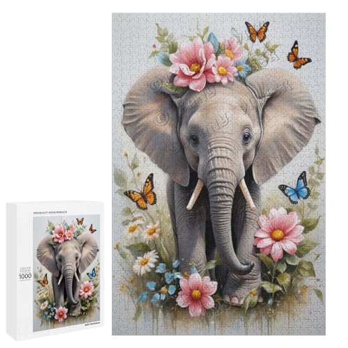 Baby-Elefant mit Blume, Ölgemälde, 1000-teiliges Puzzle für Erwachsene – eine lustige und entspannende Art, Ihre Liebe zu Elefanten zu feiern, Holz von NANVIER