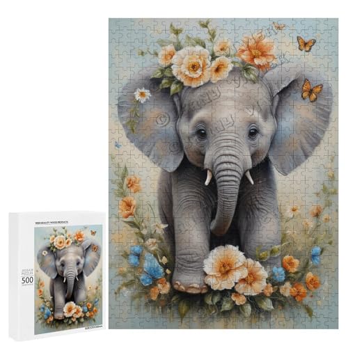 Baby-Elefant mit Blume, Ölgemälde, 500 Stück, Puzzle für Erwachsene, Puzzle für Elefantenliebhaber zum Genießen und Entspannen, Geschenk für Weihnachten, Holz, personalisierbar von NANVIER