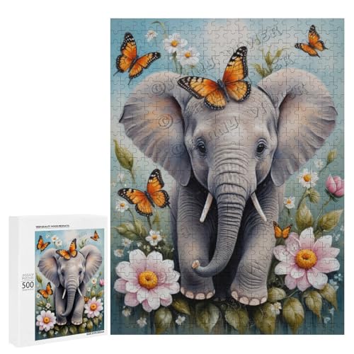 Baby-Elefant mit Blume, Ölgemälde, 500-teiliges Puzzle, angenehm für Erwachsene und Elefantenliebhaber, Holz, personalisierbar von NANVIER