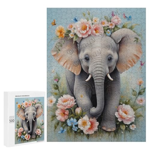 Baby-Elefant mit Blume, Ölgemälde, 500-teiliges Puzzle für Erwachsene, Puzzle für Entspannung und Genuss, Holz, personalisierbar von NANVIER