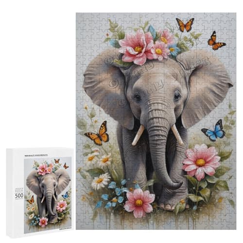 NANVIER Baby-Elefant mit Blume, Ölgemälde, 500-teiliges Puzzle für Erwachsene, eine lustige und entspannende Art, Ihre Liebe zu Elefanten aus Holz zu feiern von NANVIER