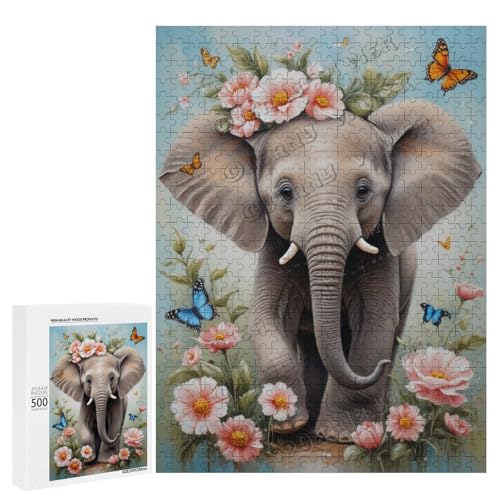 Baby-Elefant mit Blume, Ölgemälde, 500-teiliges Puzzle für Erwachsene, perfekt für Entspannung und Genuss, Holz, personalisierbar von NANVIER