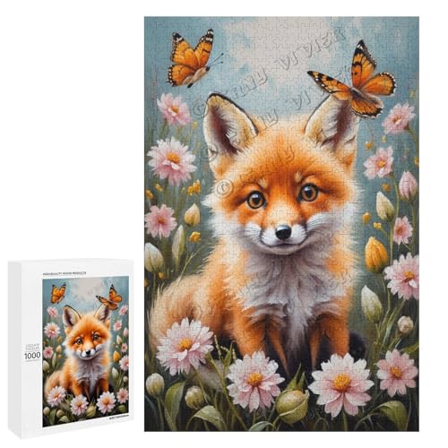 Baby-Fuchs mit Blume, Ölgemälde, 1000-teiliges Fuchspuzzle für Erwachsene, lustiges und herausforderndes Puzzle-Erlebnis, Holz, personalisierbar von NANVIER