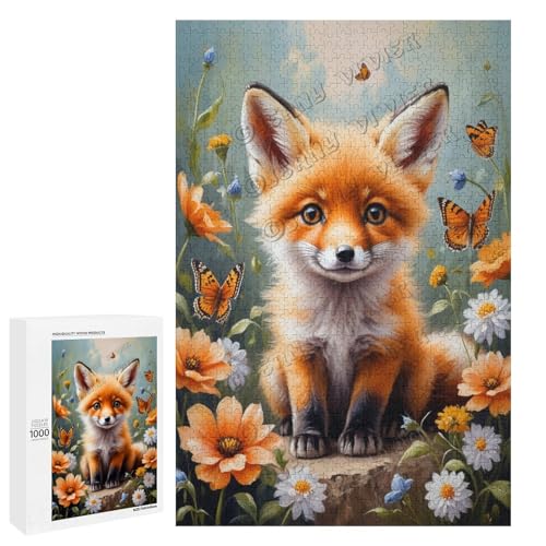 Baby-Fuchs mit Blume, Ölgemälde, 1000-teiliges Puzzle für Erwachsene, Puzzle für Genuss, Holz, personalisierbar von NANVIER