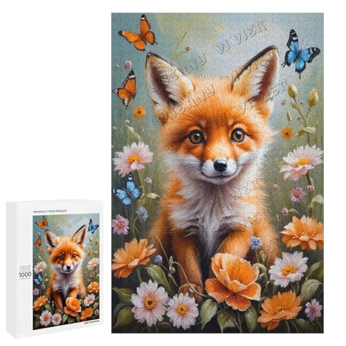 Baby-Fuchs mit Blume, Ölgemälde, 1000-teiliges Puzzle für Erwachsene, eine lustige und entspannende Art, Ihre Liebe zum Fuchs zu feiern, Holz von NANVIER