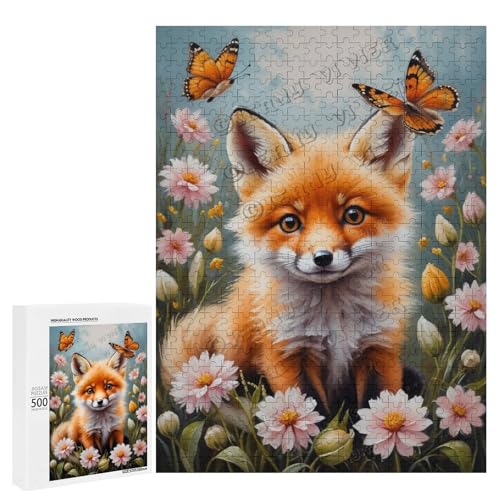 Baby-Fuchs mit Blume, Ölgemälde, 500-teiliges Fuchspuzzle für Erwachsene, lustiges und herausforderndes Puzzle-Erlebnis, Holz, personalisierbar von NANVIER