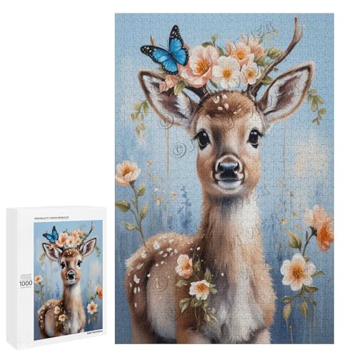 Baby Rentier mit Blumen-Ölgemälde – Themen-Abenteuer, 1000-teiliges Puzzle – ansprechendes Puzzle für Erwachsene – ideal für gemütliche Nächte im Holz, personalisierbar von NANVIER