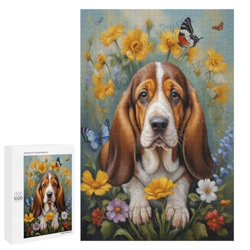 Basset Hound Hund mit Blume, Ölgemälde, 1000-teiliges Puzzle für Erwachsene, Puzzle mit verspielten Hundebegleitern, Holz, personalisierbar von NANVIER