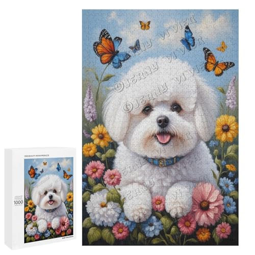 Bichon Frisé-Hund mit Blume, Ölgemälde, 1000-teiliges Erwachsenen-Puzzle – perfekt für Familienspielabend und Hunde-Enthusiasten, Holz, personalisierbar von NANVIER