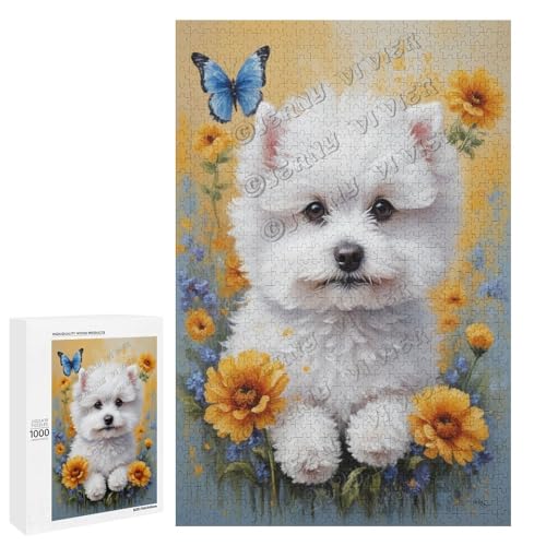 Bichon Frisé-Hund mit Blume, Ölgemälde, 1000-teiliges Puzzle für Erwachsene, eine lustige Herausforderung für Hundefans, Holz, personalisierbar von NANVIER