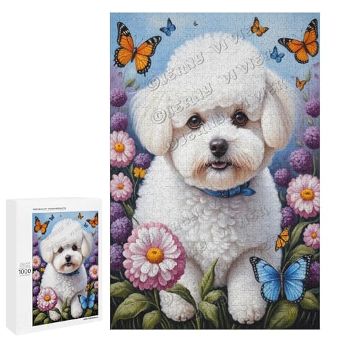 Bichon Frisé-Hund mit Blume, Ölgemälde, 1000-teiliges Puzzle für Erwachsene, perfekt für Entspannung und Genuss, Holz, personalisierbar von NANVIER