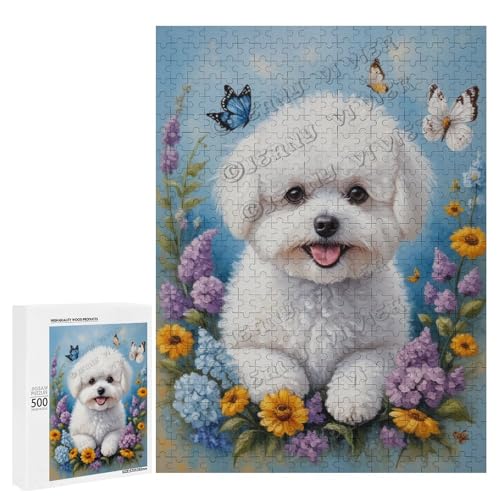 Bichon Frisé-Hund mit Blume, Ölgemälde, 500-teiliges Puzzle für Erwachsene, ansprechendes Puzzle mit geliebter Hunderasse, Holz, personalisierbar von NANVIER