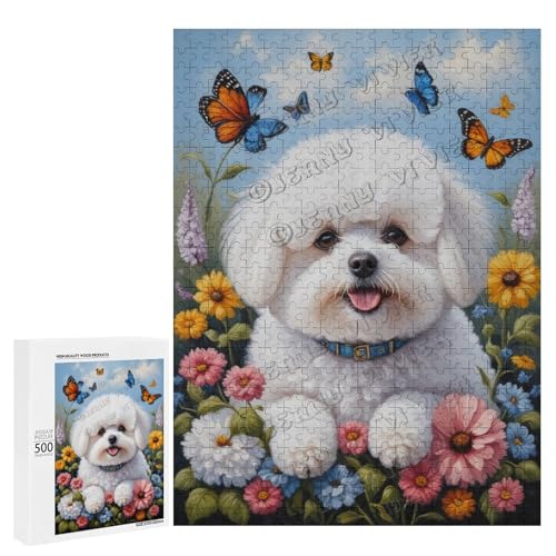 Bichon Frisé-Hund mit Blume, Ölgemälde, 500-teiliges Puzzle für Erwachsene, perfekt für Familienspielabend und Hundebegeisterte, Holz, personalisierbar von NANVIER