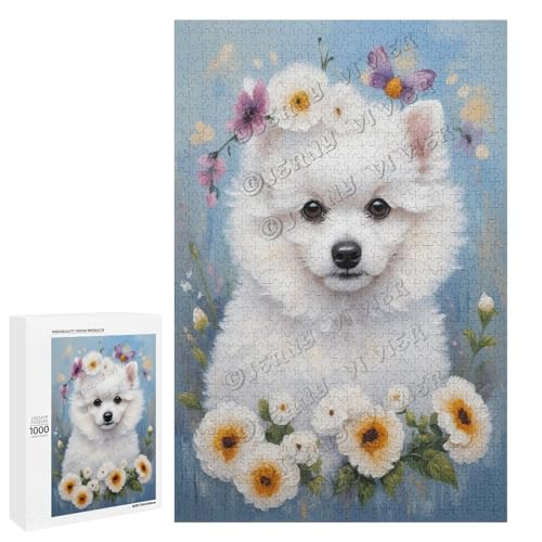 Bichon Frisé-Ölgemälde mit Blume, 1000 Teile Puzzles für Erwachsene, Puzzle für Hundeliebhaber zum Genießen und Entspannen, Geschenk für Weihnachten, Holz, personalisierbar von NANVIER