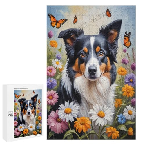 Border Collie - Hund mit Blume, Ölgemälde, 1000-teiliges Puzzle für Erwachsene, Puzzle für Genuss, Holz, personalisierbar von NANVIER