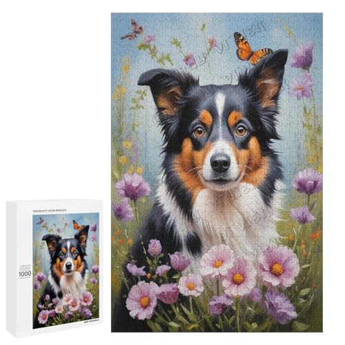 Border Collie - Hund mit Blume, Ölgemälde, 1000-teiliges Puzzle für Erwachsene, perfekt für Entspannung und Genuss, Holz, personalisierbar von NANVIER