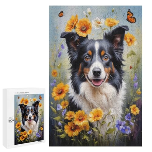 Border Collie - Hund mit Blume, Ölgemälde, 500-teiliges Hundepuzzle für Erwachsene, lustiges und herausforderndes Puzzle-Erlebnis, Holz, personalisierbar von NANVIER