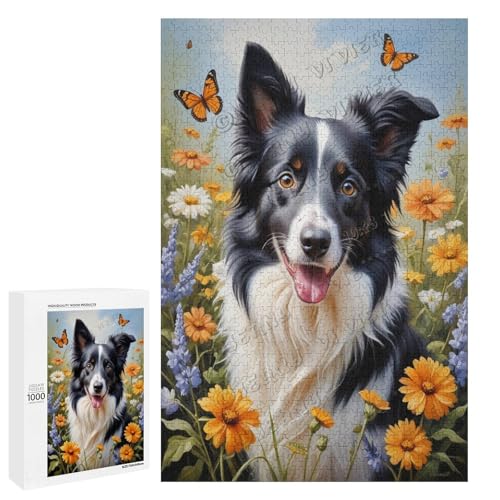 Border Collie - Hund mit Blume, Ölgemälde, 500-teiliges Puzzle für Erwachsene, perfekt für Entspannung und Genuss, Holz, personalisierbar von NANVIER