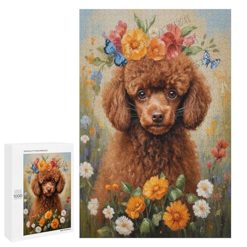 Brauner Pudelhund mit Blume, Ölgemälde, 1000 Teile für Erwachsene, Puzzle für Hundeliebhaber zum Genießen und Entspannen, Geschenk für Weihnachten, Holz, personalisierbar von NANVIER