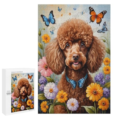 Brauner Pudelhund mit Blume, Ölgemälde, 500-teiliges Puzzle für Erwachsene, Puzzle für Entspannung und Genuss, Holz, personalisierbar von NANVIER