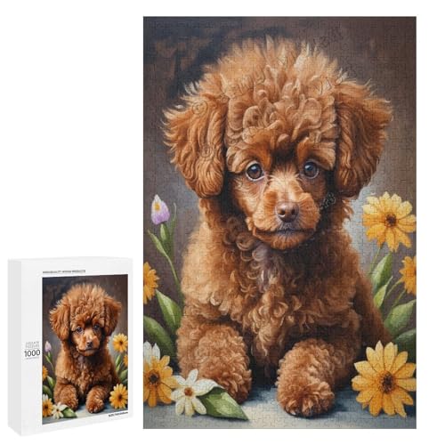 Braunes Spielzeug-Pudel-Hund mit Blume, Ölgemälde, 1000-teiliges Erwachsenen-Puzzle – perfekt für Familienspielabende und Hunde-Enthusiasten, Holz, personalisierbar von NANVIER