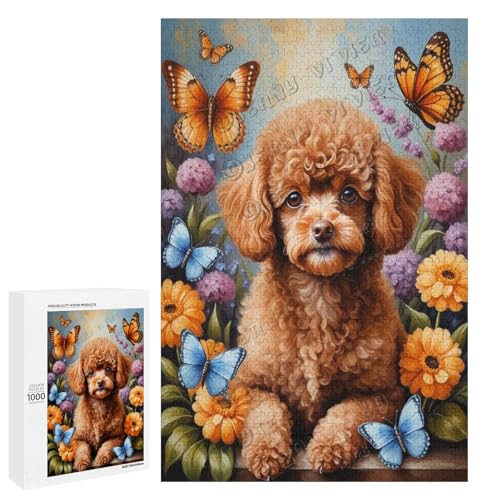 Braunes Spielzeug-Pudel-Hund mit Blume, Ölgemälde, 1000-teiliges Puzzle, eine lustige Herausforderung für Erwachsene, die Hunde lieben, aus Holz, personalisierbar von NANVIER