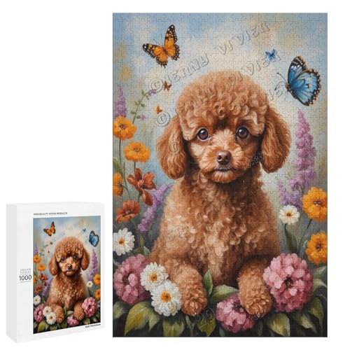 Braunes Spielzeug-Pudel-Hund mit Blume, Ölgemälde, 1000-teiliges Puzzle für Erwachsene, Puzzle mit verspielten Hundebegleitern, Holz, personalisierbar von NANVIER