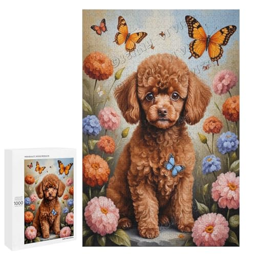 Braunes Spielzeug-Pudel-Hund mit Blume, Ölgemälde, 1000-teiliges Puzzle für Erwachsene, ansprechendes Puzzle mit geliebter Hunderasse, Holz, personalisierbar von NANVIER