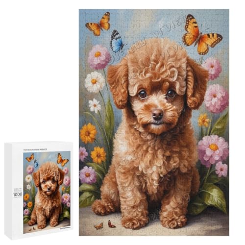 Braunes Spielzeug-Pudel-Hund mit Blume, Ölgemälde, 1000-teiliges Puzzle für Erwachsene, eine lustige Herausforderung für Hundefans, Holz, personalisierbar von NANVIER