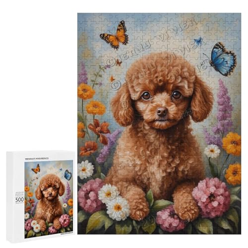 Braunes Spielzeug-Pudel-Hund mit Blume, Ölgemälde, 500-teiliges Puzzle für Erwachsene, Puzzle mit verspielten Hundebegleitern, Holz, personalisierbar von NANVIER