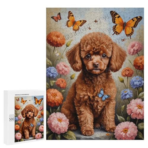 Braunes Spielzeug-Pudel-Hund mit Blume, Ölgemälde, 500-teiliges Puzzle für Erwachsene, ansprechendes Puzzle mit geliebter Hunderasse, Holz, personalisierbar von NANVIER