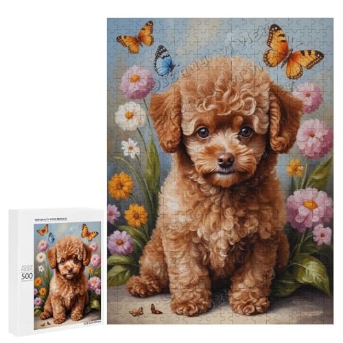 Braunes Spielzeug-Pudel-Hund mit Blume, Ölgemälde, 500-teiliges Puzzle für Erwachsene, eine lustige Herausforderung für Hundefans, Holz, personalisierbar von NANVIER