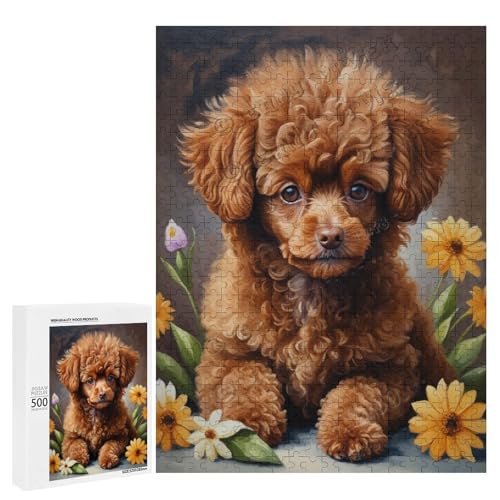 Braunes Spielzeug-Pudel-Hund mit Blume, Ölgemälde, 500-teiliges Puzzle für Erwachsene, perfekt für Familienspielabende und Hundebegeisterte, Holz, personalisierbar von NANVIER