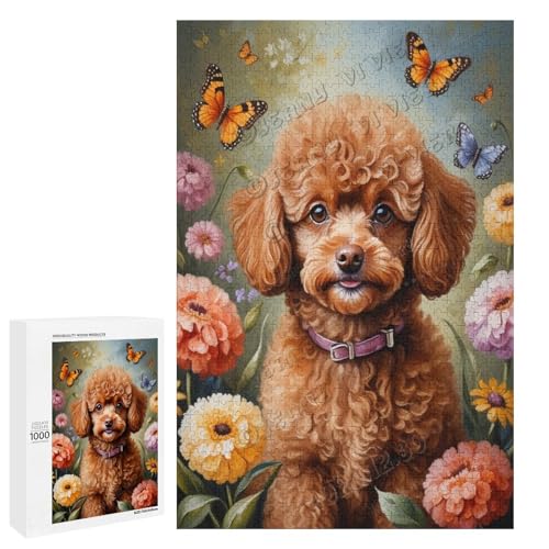 Braunes Spielzeug-Pudel-Hund mit Blume, Ölgemälde-Puzzle mit 1000 Teilen – ein ansprechendes Puzzle-Erlebnis für diejenigen, die Dackel lieben, Holz von NANVIER