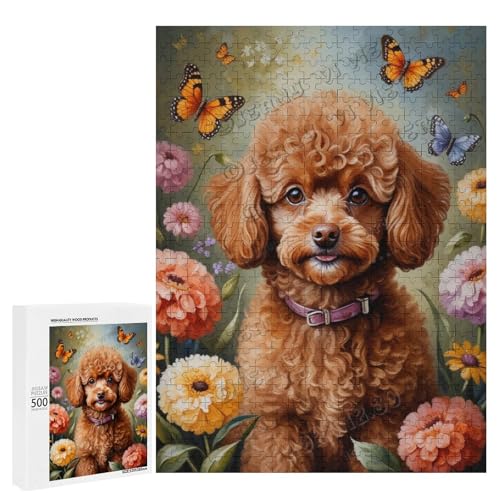 Braunes Spielzeug-Pudel-Hund mit Blume, Ölgemälde-Puzzle mit 500 Teilen – ein ansprechendes Puzzle-Erlebnis für diejenigen, die Dackel lieben, Holz von NANVIER