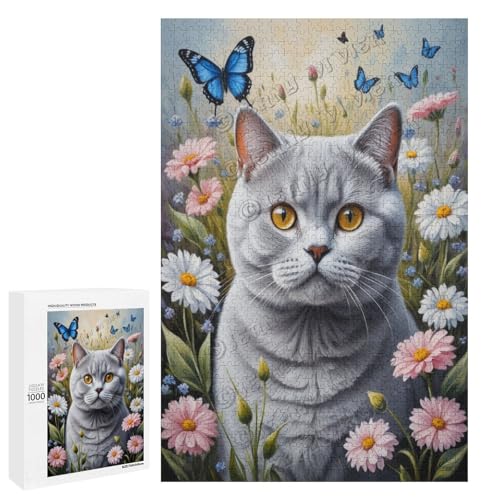 Britische Kurzhaar-Katze mit Blume, Ölgemälde, 1000-teiliges Puzzle für Erwachsene, ansprechendes Puzzle mit geliebter Katzenrasse, Holz, personalisierbar von NANVIER