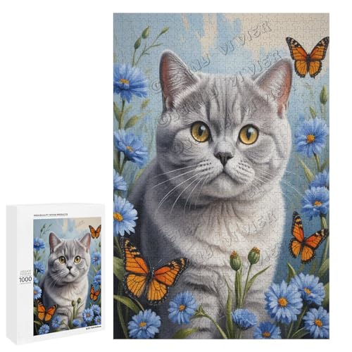 Britische Kurzhaar-Katze mit Blume, Ölgemälde, 1000-teiliges Puzzle für Erwachsene, perfekt für Entspannung und Genuss, Holz, personalisierbar von NANVIER